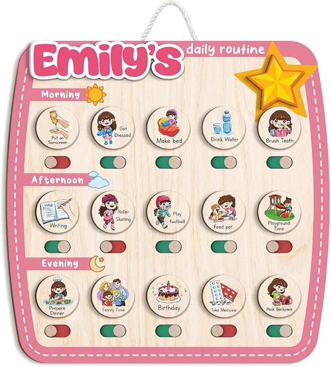 Personalized Wooden Chore Chart for Kids, Daily Routine Chart for Toddlers, Visual Schedule for Kids Age 3-5, Morning Bedtime Routine for Girls (09)