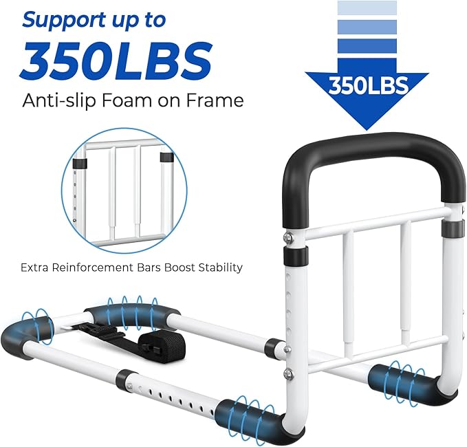 Bed Rails for Elderly Adults ASTM Approved, Adjustable Bed Cane with Motion Sensor Light, Non-Slip Grip & Storage Pocket, Bed Railings for Seniors Support 350 LBS, Tool-Free