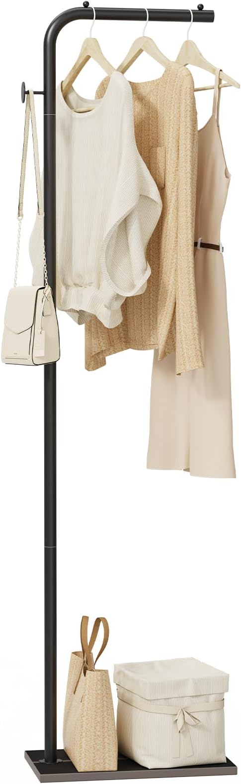 OUTBROS Coat Rack, Portable L-shaped Clothes Rack with Hook, Modern Hanger, Sturdy Freestanding Metal Clothing Rack, Used in Bedroom, Entrance and Living Room, 15.3 x 10.2 x 70.8 inch, Black