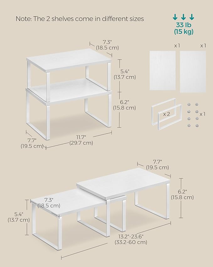 SONGMICS Cabinet Organizer Shelf, Set of 4 Kitchen Counter Shelves, Kitchen Storage, Spice Rack, Stackable, Expandable, Metal and Engineered Wood, Cloud White and Snow White UKCS027W01