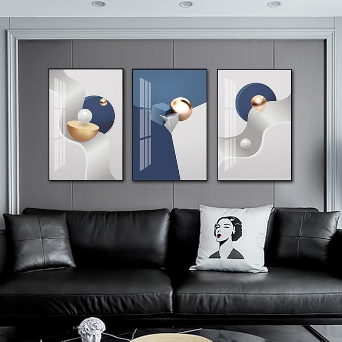 QKF Black Framed Large Wall Art Decor Living Room Geometry Abstract Decorative Painting Bedroom Room Bathroom Blue,Gray White Bright Modern Home art Office Restaurant Wall Canvas Posters & Prints 3