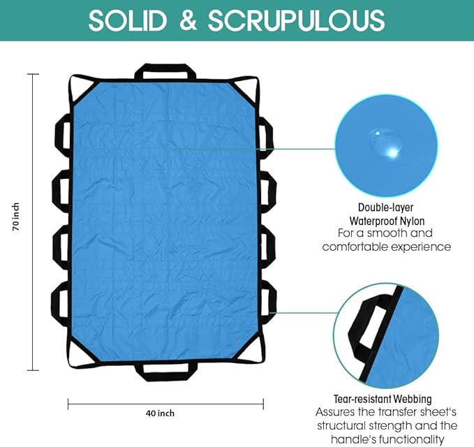 Bed Positioning Pad with Reinforced Handle 70" X 40" Multipurpose Waterproof Transfer Sheet for Turning Lifting & Sliding Reusable Washable Patient Positioning Sheet for Bedridden Caregiver Light Blue