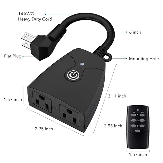 HBN Outdoor Wireless Remote Control Outlet Plug,Weatherproof Heavy Duty Power Strip,Indoor Electrical Plugs for Light Switch,6-inch Cord,100ft Range, ETL Listed(15A,Dual 3-Prong Outlets,3Packs)