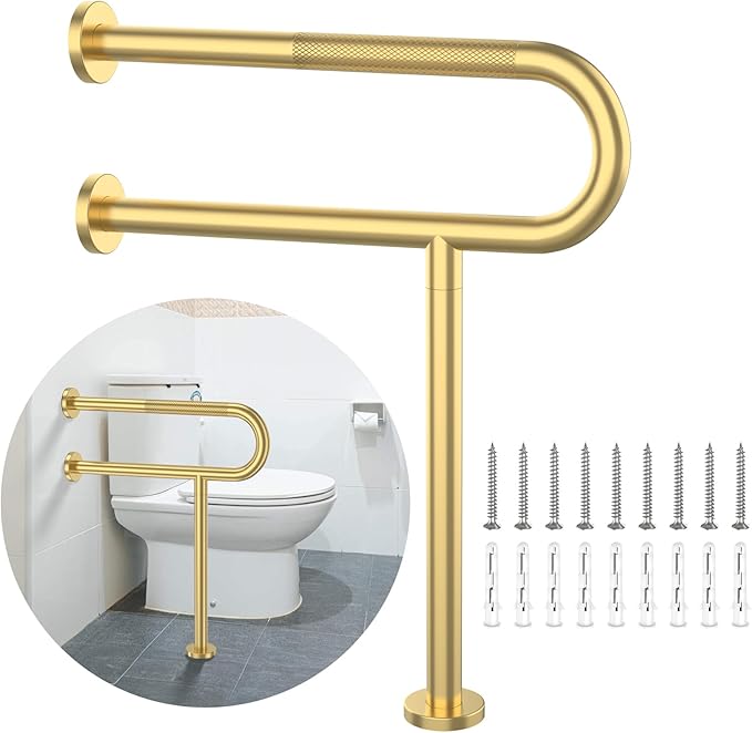 Toilet Support Rail 23.4X 28 Inch, Munzong Anti-Slip Gold Handicap Grab Bar for Bathroom, Stainless Steel Knurled Safety handrails with Leg for Elderly Disabled Pregnant-1.25’Tube