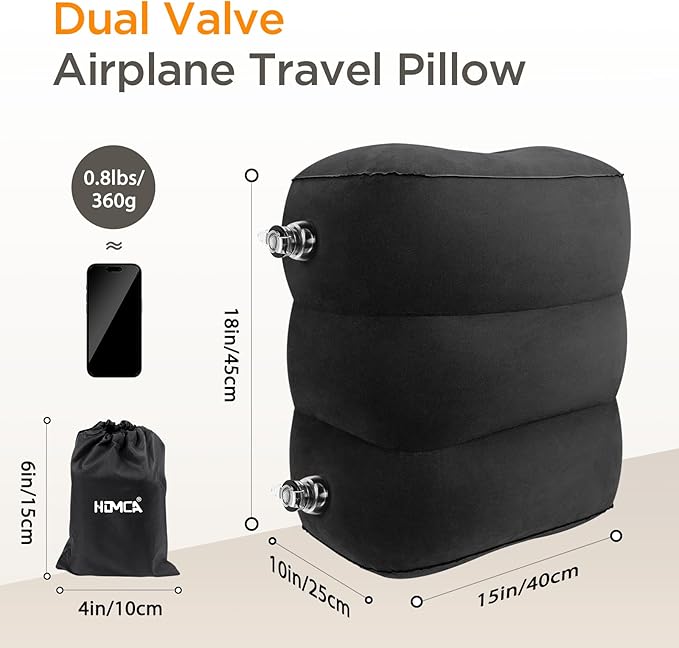 HOMCA Inflatable Travel Foot Rest Pillow (2-Pack) Adjustable Height Leg Pillow Fast Inflating Airplane Bed for Toddlers Footrest Pillow for Office, Airplane, Train, Cars, Home (Grey)
