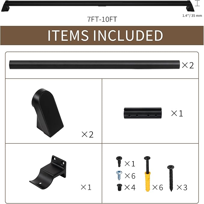 9FT Modern Aluminum Handrail Set - ADA Compliant Indoor & Outdoor Stair Railing. 1.4" Diameter Grab Bar. Wall-Mounted with 90°Wall Return End. Ideal for Safe Grip，Rust Free(Matte Black, 9FT)