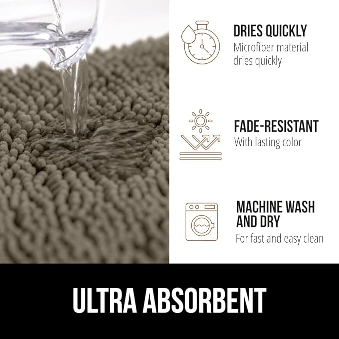 GORILLA GRIP Plush Absorbent Shaggy Chenille Bath Rug Mat for Square Toilet Base with Rubber Backing, Machine Washable Rugs, Soft Microfiber Contour Mats for Toilets, Bathroom Decor, Latte