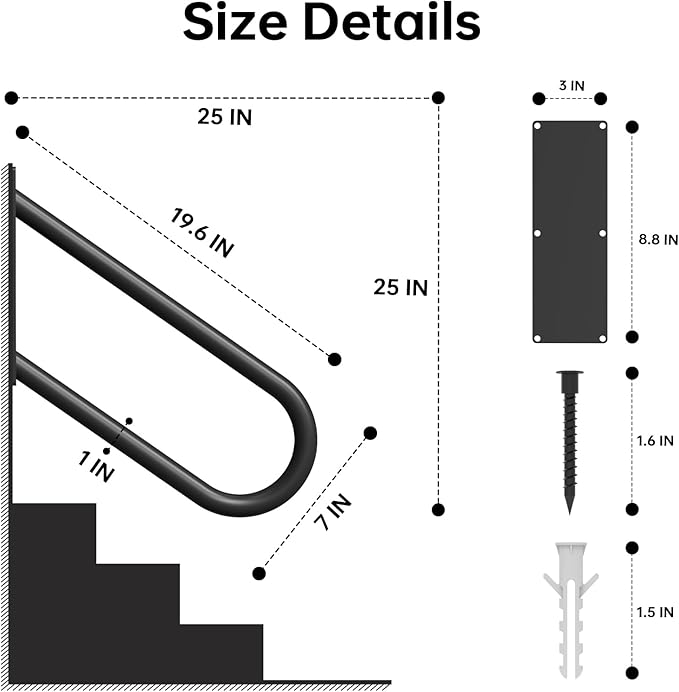 Aduanbang Heavy Duty Wall Mount Handrails for Outdoor Steps, U-Shape Non-Slip Stair Safety Grab Bar, 20 Inch Metal Railing for 1-3 Steps, Indoor/Outdoor Use, Garage, Porch, Courtyard, Garden