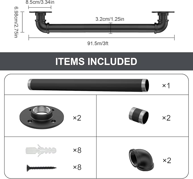3FT Industrial Stair Railing Wall Mount Staircase Handrail φ1.3 Pipe Hand Rail for Steps Grab Bar Foot Rail Vintage Pipe Railing Black Deck Handrail for Outdoor Indoor Stair Porch