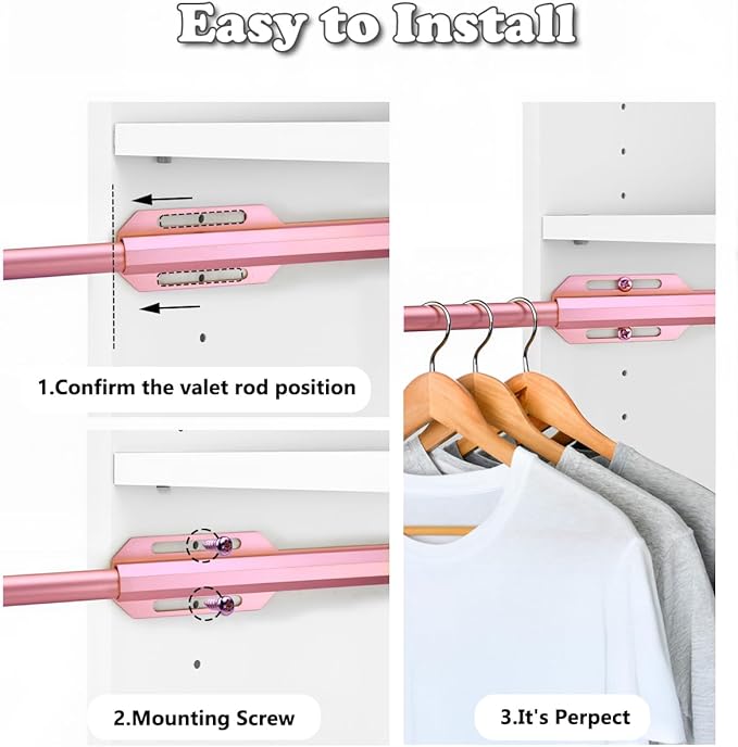 12" Valet Rod for Closet Pull Out, Adjustable extending closet rod, Standard Retractable closet rod organization rack, Valet Clothing Hanger Rods Extender for Wardrobe Laundry Bathroom (Pink)