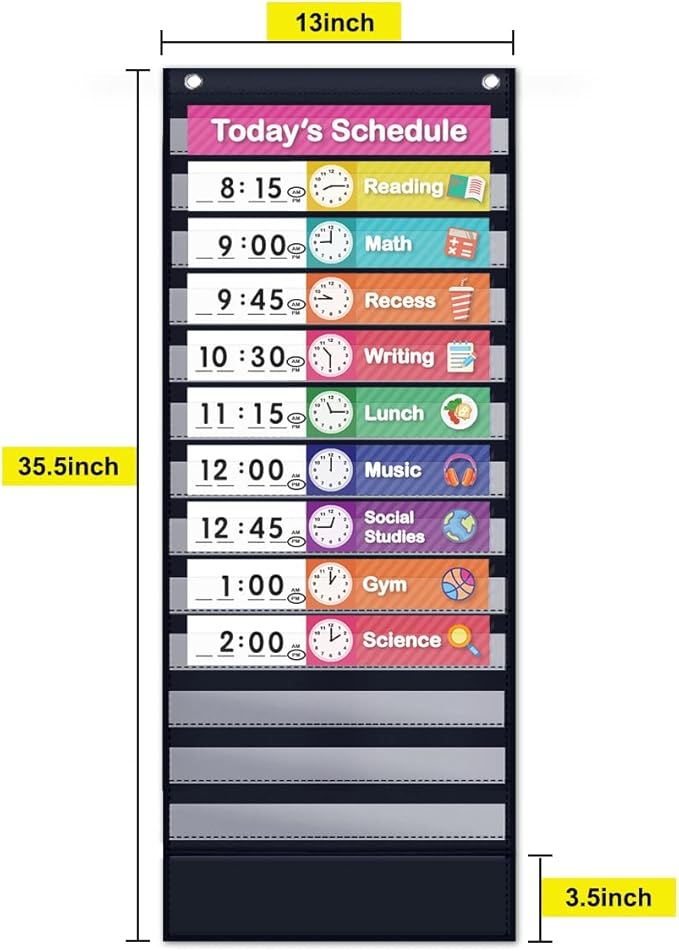 Eamay Daily Schedule Pocket Charts, Teaching Chart, Hoom, Eamay Daily Scheduling Pocket Chart with 13+1 Pockets, 18pcs Dry Erase Cards and 2 Hooks (Black-2)