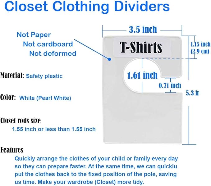10 Pack White Clothing Rack Size Dividers Plus 60 Labels (1 Inch) and 16 Large Blank Labels, Large Rectangular Clothing Closet dividers (Pearl White)
