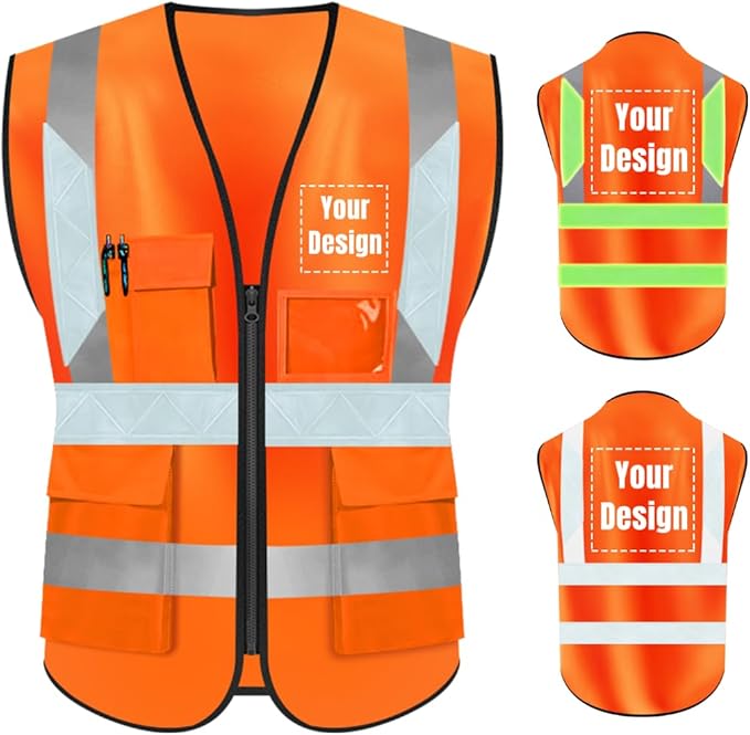 YOWESHOP High Visibility Safety Vest Custom Your Logo Protective Workwear 5 Pockets With Reflective Strips Outdoor Work Vest (4XL, Orange Luminous)
