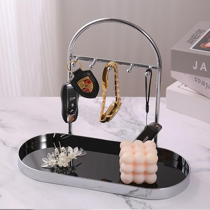 Shinpuru Metal Jewelry Organizer Stand & Key Holder Tray with Acrylic Base, Key Stand and Jewelry Tray with 5 Hooks, Perfect Key Bowl, Valet Key Tray, Ring Holder, Jewelry Dish (Silver Black)
