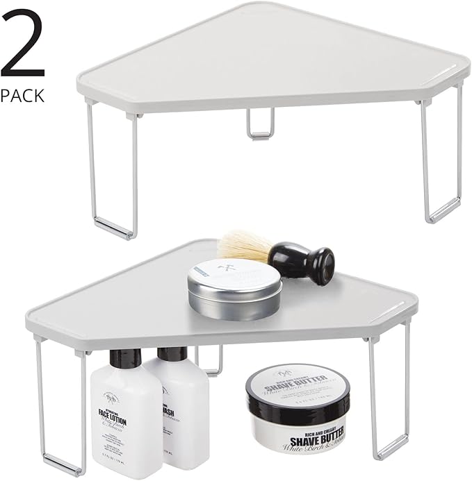 mDesign Plastic/Steel Corner Stackable Rack, Storage Organizer Shelf for Bathroom, Vanity, Countertop, Sink, Cabinet, Holds Makeup, Shower Accessories, Ligne Collection - 2 Pack - Stone Gray