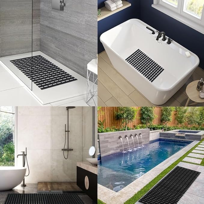 Bath Mat Non Slip Shower Mat Bathtub with Drain Holes and Heavy Duty Rubber No Suction Cups Sturdy Shower Stall Tub Mat for Bathroom, Shower Floor, Pool, SPA, (Black, 4FT X 41FT)