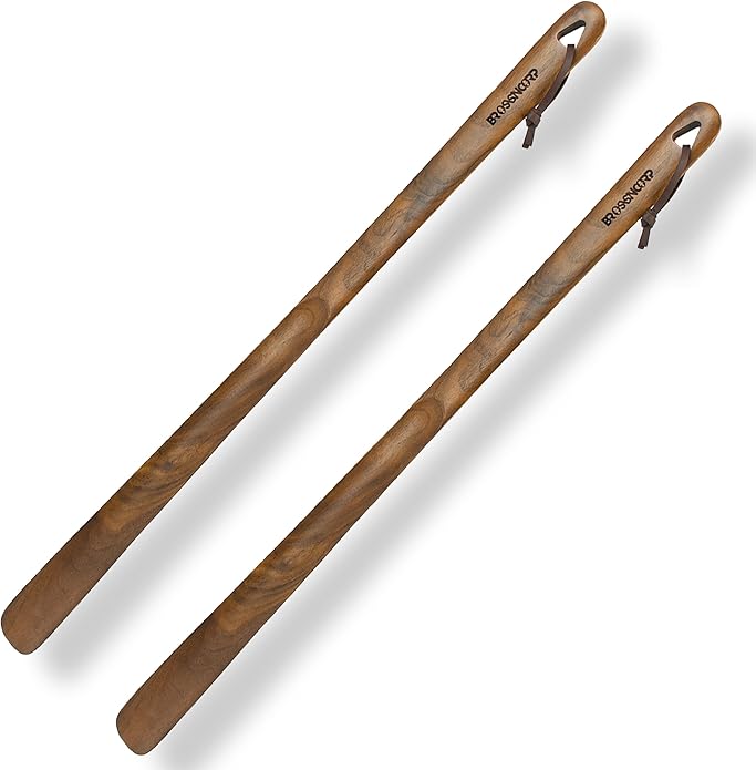 Wooden Shoe Horn Long Handle For Seniors 23.6" Easy Wear Helper Shoehorns Women Kids Baby Elderly Hanging Rings