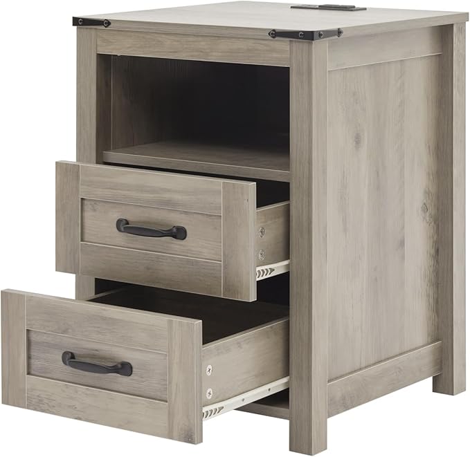 Sierra Night Stand, Rustic End Table with Charging Station, Farmhouse Tall Nightstand for Bedroom, Drawer Dresser Bedside Table with Open Storage Shelf