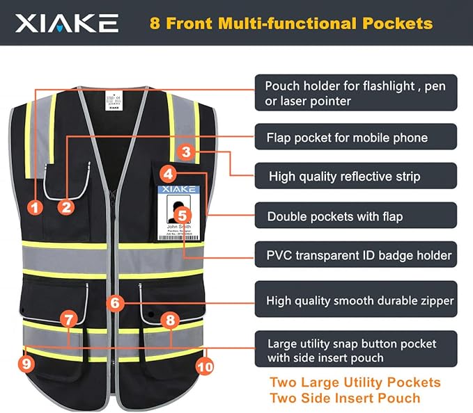 XIAKE Reflective Safety Vest for Men & Women High Visibility Class 2 Vest with Pockets Meets ANSI Standards
