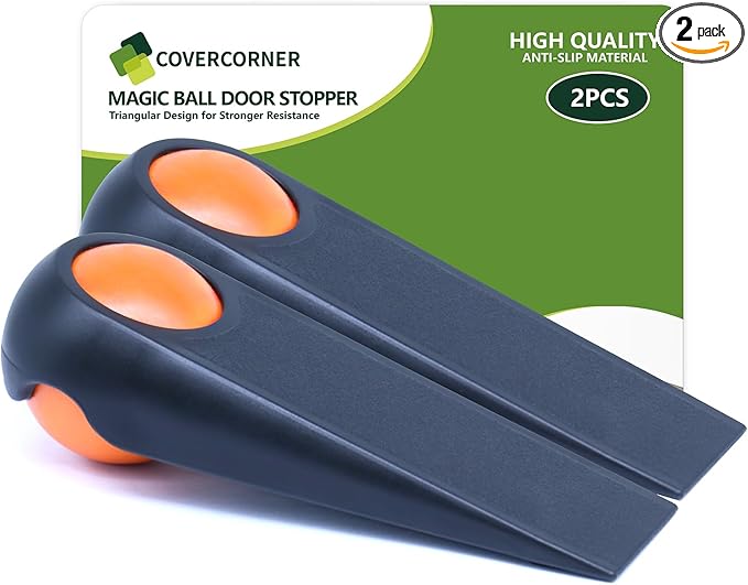 Door Stoppers for Bottom of Door, Rubber Door Stopper Wedges, Door Holders for All Types of Surfaces, 2 Pack Magic Ball Door Stops, 5 inch, Black and Orange