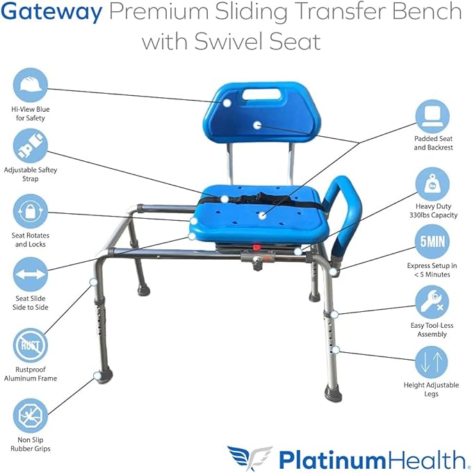 Platinum Health Gateway Premium Sliding Bath Transfer Bench with Swivel Seat-Padded (Blue)