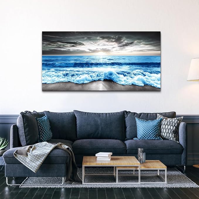 MHARTK66 Large Wall Decor For Office Wall Art For Living Room Modern Bedroom Wall Decor Blue Beach Sun Ocean Landscape Canvas Prints Wall Paintings Seascape Framed Pictures Artwork Home Decor 48x24