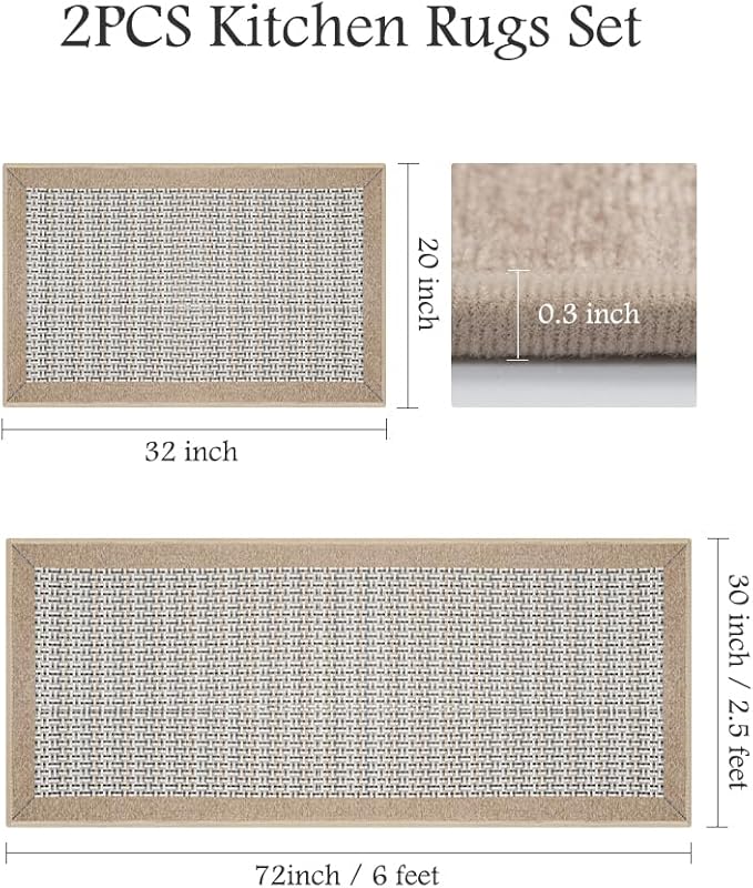 PADOOR Non Slip Kitchen Rugs Sets of 2 - Extra Large 2.5'x6' + 20"x32" Runner Rugs for Kitchen Floor Non Skid Washable, Absorbent Kitchen Mat for in Front of Sink 2 Piece Brown