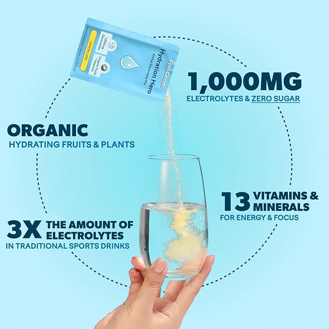 Feel Goods Hydration Hero, 1,000mg Electrolytes Powder, Sugar Free, Magnesium, Organic Aloe Vera, Organic Aloe, L Theanine, Vitamin C & B12, Non GMO, Keto, Vegan | Lemon Lime, 30 Servings