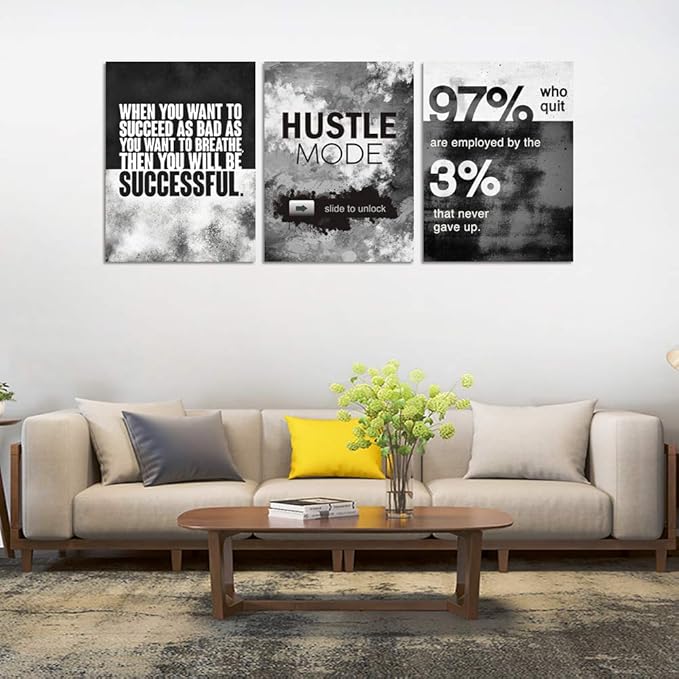 Motivational Office Wall Decor, Inspirational Canvas Wall Art, 3 Pieces Hustle Posters Prints Entrepreneur Success Quote Wall Decor for Lobby Meeting Room Hallway Living Room(72”Wx36”H)