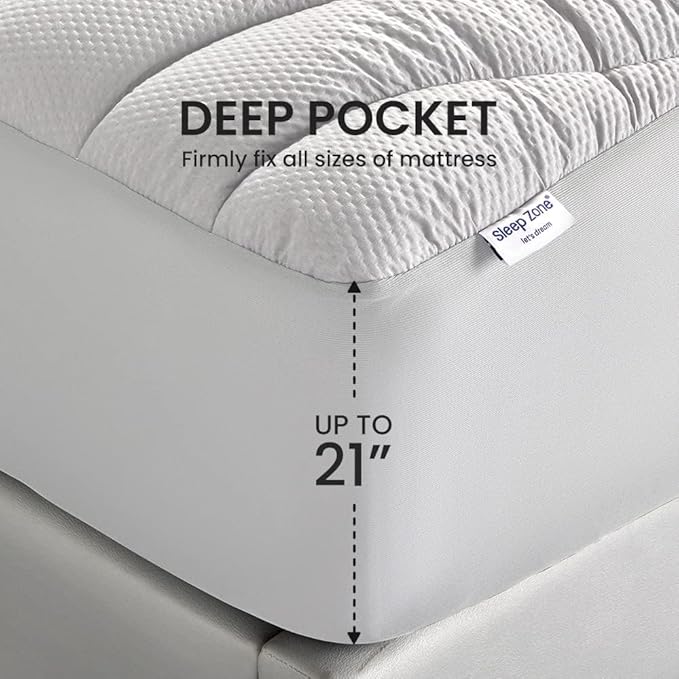 SLEEP ZONE Full Size Cooling Mattress Pad for Double Bed, Premium Zoned Quilted Mattress Topper, Wrap Around Mattress Protector Cover, Machine Wash Durable, Deep Pocket 8-21 inch, Silver Grey, Full