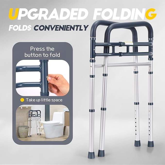 Toilet Safety Rails, Folding & Portable Bathroom Toilet Handles for Elderly, Seniors, Handicap & Disabled, Adjustable Toilet Safety Frame Fit Any Toilets (350 LB)