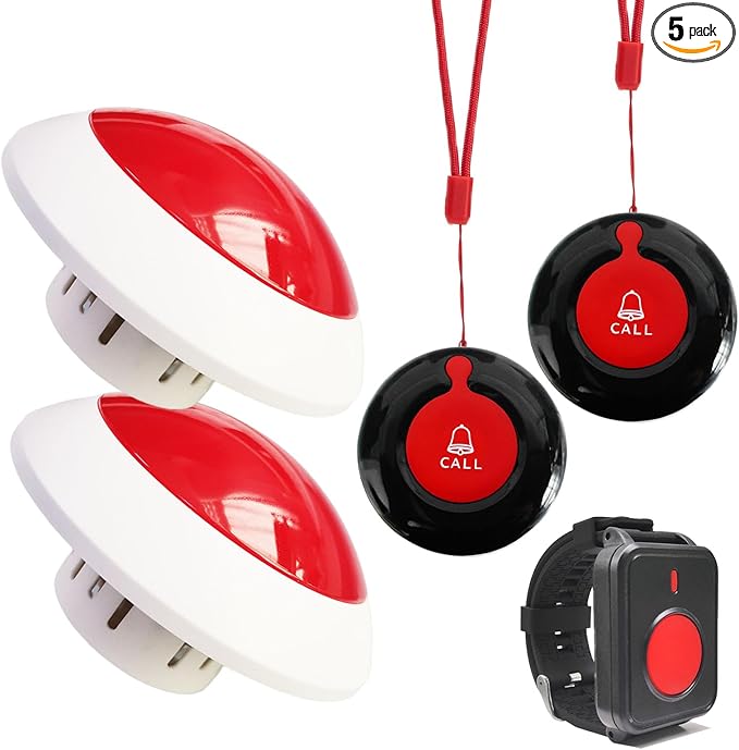 Wireless Call Strobe Light System for Elderly Wrist SOS to Caregiver Pager Life Alert Systems for Seniors Patients at Home Hospitals Nurse with 1 Call Light Waterproof Watch and Lanyard Panic Button
