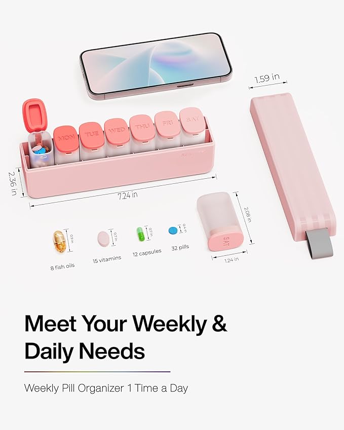 Weekly Pill Organizer 1 Time a Day - Travel Pill Box 7 Days, Large Medicine Pill Case Container for Daily Medication Vitamin Supplement Fish Oil, Portable Week Pills Organizers Holder Dispenser, Pink