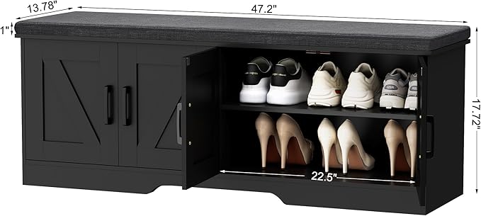 2-Tier Storage Bench, 47.2" Wide Shoe Bench with Padded Seat Cushion, Entryway Bench with 4 Barn Doors and Adjustable Shelf, Black
