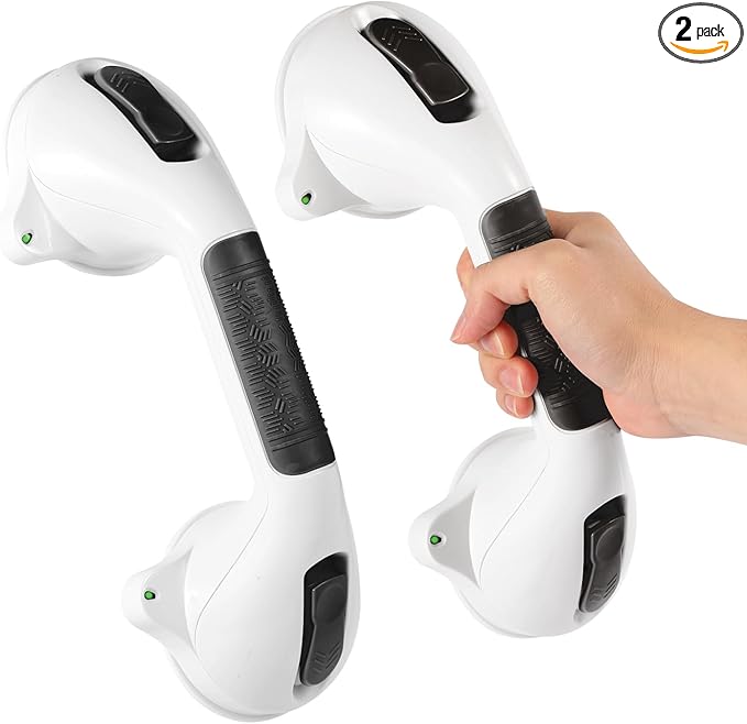 Suction Grab Bar with Safety Indicator for Bathtub Shower Bathroom, Heavy Duty Handrail Removable Reusable for Elderly disabled and Kids, Anti-Slip Grip, No Drilling Tool Free, Waterproof Black