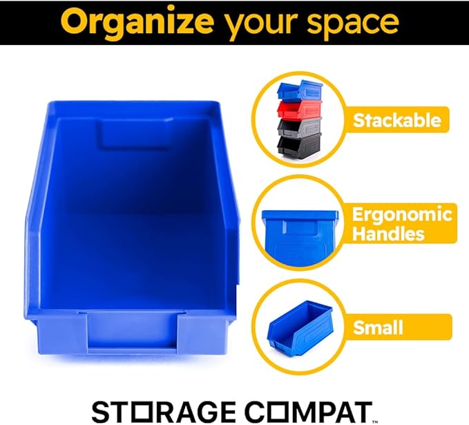 24 Pack Small Storage Bin, Wall Mount Storage, Hanging and Stacking Bin, Freestanding | 7” x 4” x 3” Plastic Container | Blue | Zeus 1PLZ04 | StorageCompat