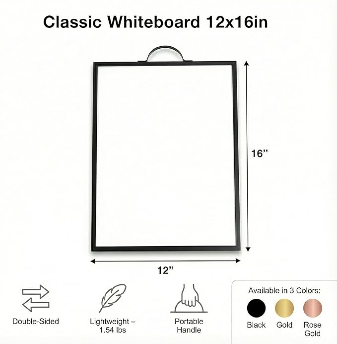 Small Whiteboard 12 x 16 Inch Magnetic Dry Erase Board with Handle | Black Aluminum Frame | Double-Sided Planner Board with Weekly & Monthly Sheets | 3 Markers, Eraser & 2 Magnets