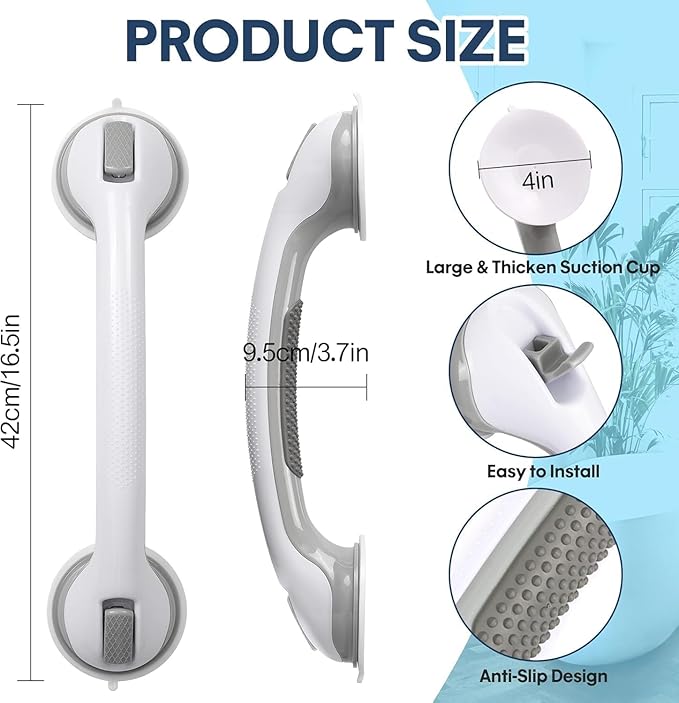 Auroras Strong Suction Cup Grab Bars for Bathtubs and Showers, 2 Pack Removable Heavy Duty Shower Grab Bars for Seniors No Drilling, 16 Inch Non-Slip Shower Handles for Elderly,Children,Injured