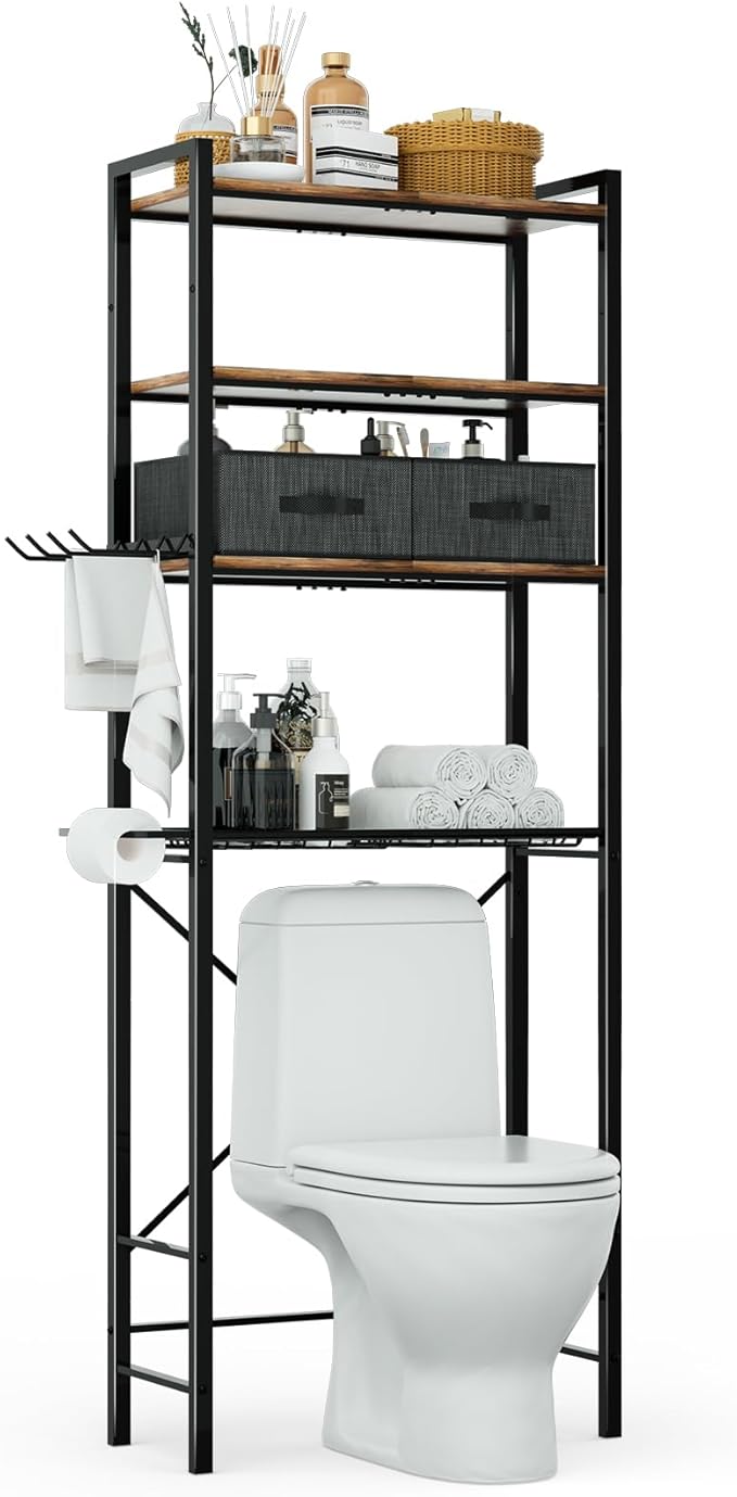 homyfort Over The Toilet Storage Cabinet, 4-Tier Bathroom Shelves Over Toilet, Easy Installation with Drain Basket, X Shape Side Guardrail, Freestanding Toilet Rack for Balcony, Laundry