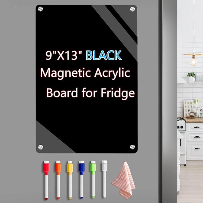 9"X13" Black Acrylic Magnetic Dry Erase Board for Refrigerator,Magnetic Dry Erase Board for Fridge,Acrylic Board for Fridge Includes 6 Colors Markers