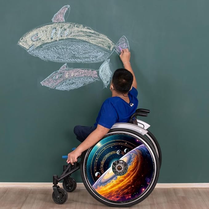 Designer Christmas Cover for Wheelchair Wheels, Waterproof wheelcovers, Enhances Aesthetics, Easy Install/Remove, Lightweight, for Adults and Kids (Solar System)