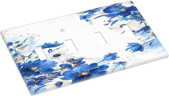 Klein Blue Flowers Watercolor Golden White Floral Light Switch Covers Quad Toggle Electrical Faceplate 4 Gang Wall Plate Decorative Switch Plates Cover for Bedroom Living Room Decor