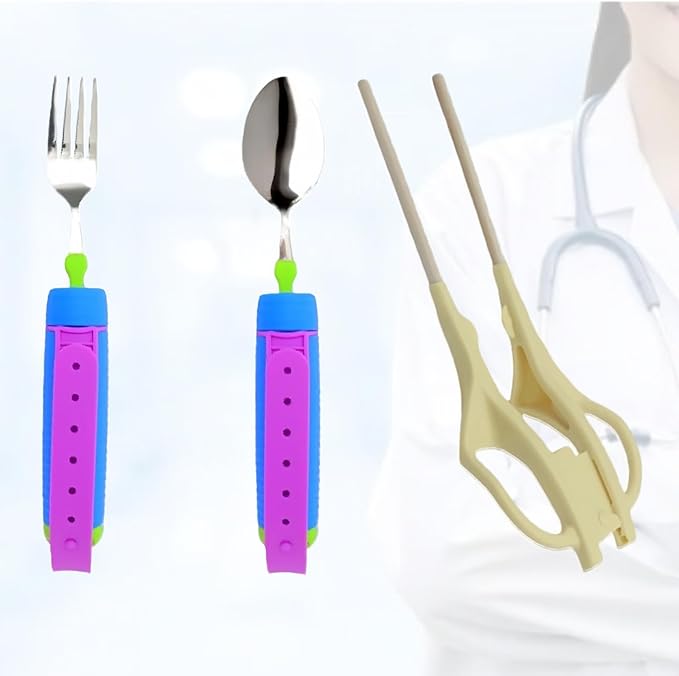 Tremors Elderly Assistance Products,Spoon/Fork/chopstick Three Piece Set,Handicap Accessories for Daily Living,Adaptive Equipment with Purple Handle Belt,Aids for Living,Eating Utensils Sets.
