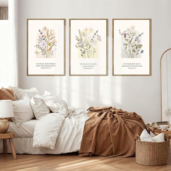 IARTTOP Large Floral Christian Wall Art Framed 16x24 Inch Set of 3 Bible Verse Scripture Artwork Minimalist Botanical Religious Canvas Wall Decor for Church Living room Bedroom