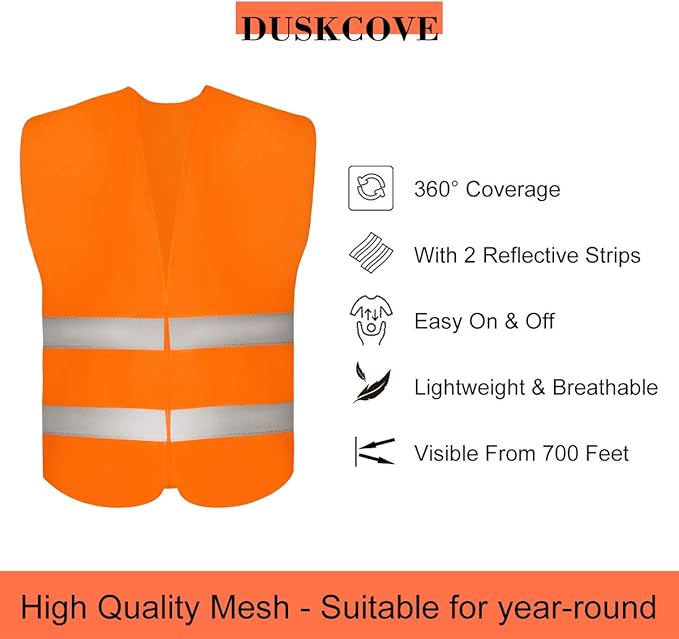 DUSKCOVE 10 Pack High Visibility Safety Vests with 2 Hi Vis Reflective Strips for Men and Women - Neon Orange Construction Vests for Traffic Work, Running, Surveyor and Security Guard