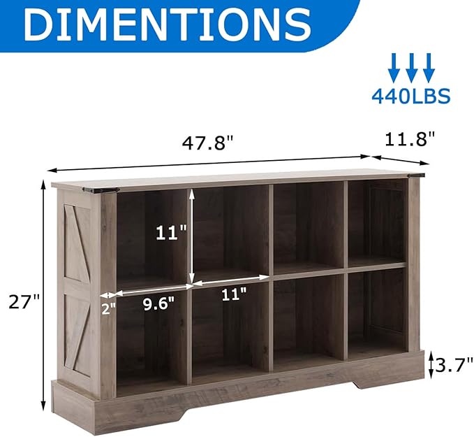 8 Cube Bookcase, Wooden Cube Storage Organizer Shelf, Grey Horizontal Book Shelf with LED Lights, Freestanding Display Cabinet for Living Room, Hallway TV Stand for Entryway