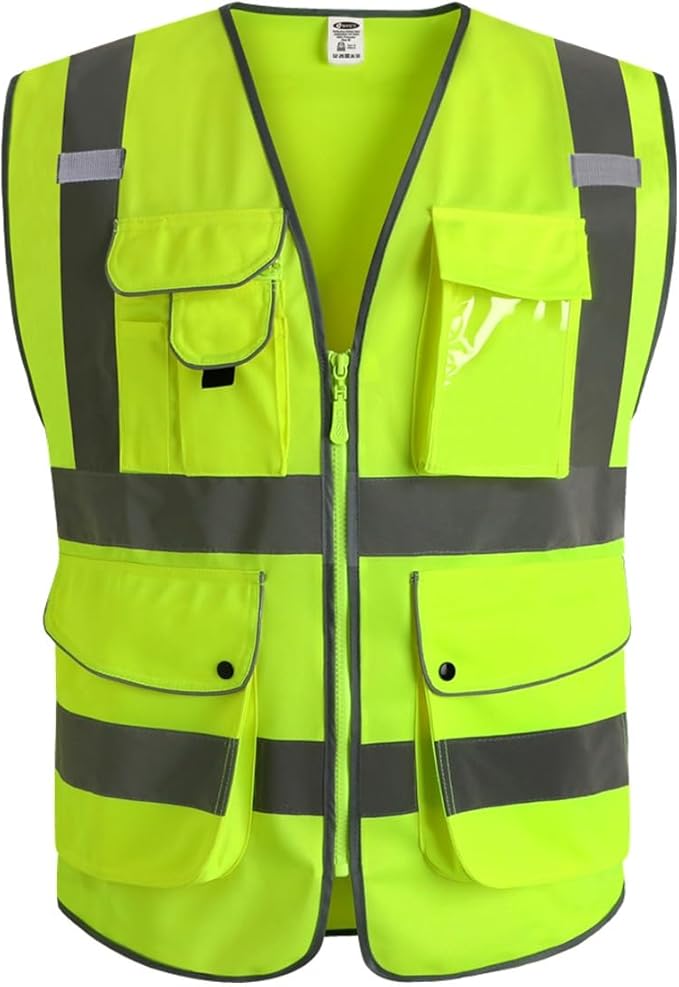 JKSafety 20 Pack 9 Pockets Class 2 High Visibility Zipper Front Safety Vest With Reflective Strips,Meets ANSI/ISEA Standard (Large, 156-Yellow)