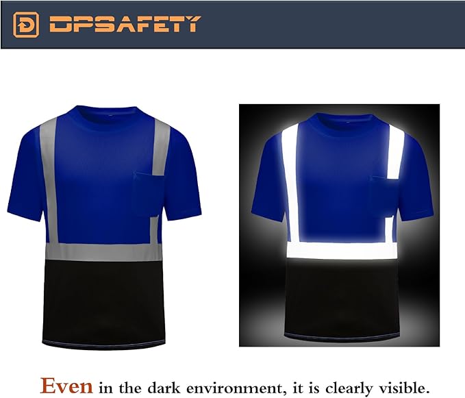 High Visibility Shirts Quick Dry Safety T Shirts with Reflective Strips and Pocket Short Sleeve Mesh Hi Vis Construction Work Class 2 Shirt for Men/Women Black Bottom Blue,Small
