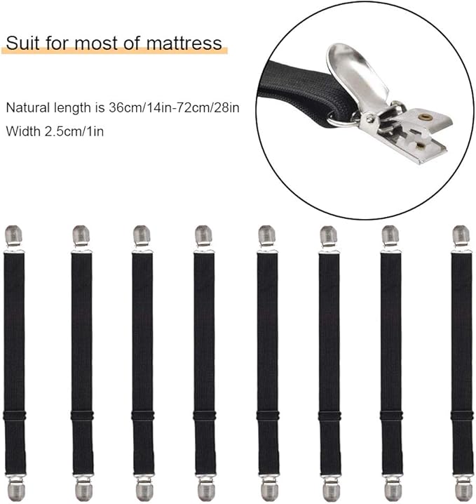 Adjustable Bed Sheet Straps Clips, Elastic Mattress Sheet Fasteners Holder and Suspenders, Grippers to Hold Sheet, Mattress, Sofa, Couch, Table Cloth, Ironing Board Cover, 8Pcs, Black