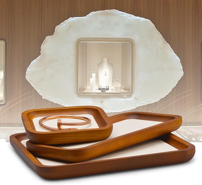 Oirlv Solid Wood Jewelry Display Tray Small Jewelry Tray Rings Earrings Bracelets Necklace Holder Organizer (Rectangle, Creamy-white)